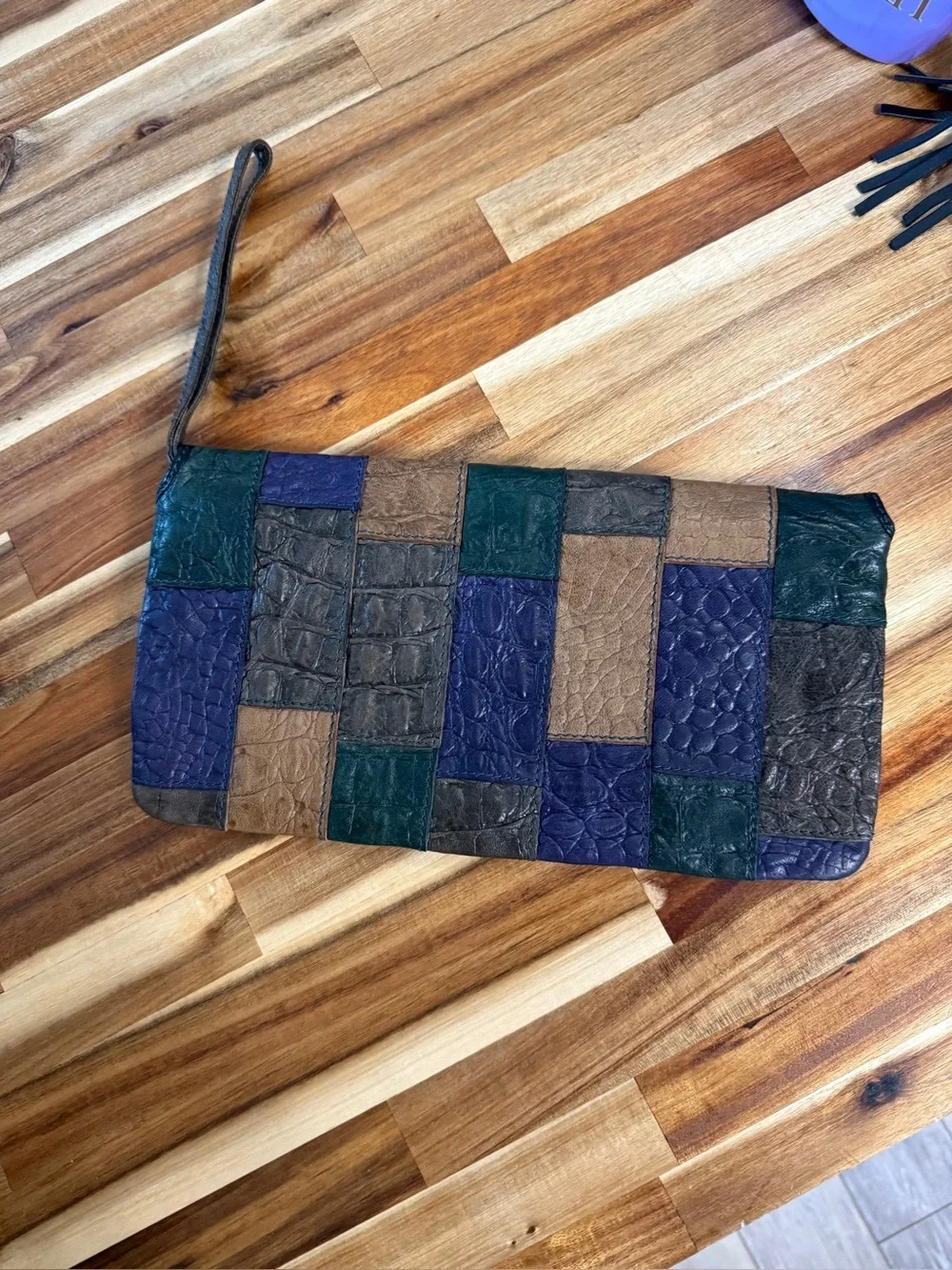 Linea Pelle  Patch Work Textured Leather Wristlet Clutch Excellent Condition